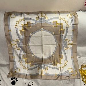 Celine silver gold white chain and leather straps Decorative Scarf 100% silk